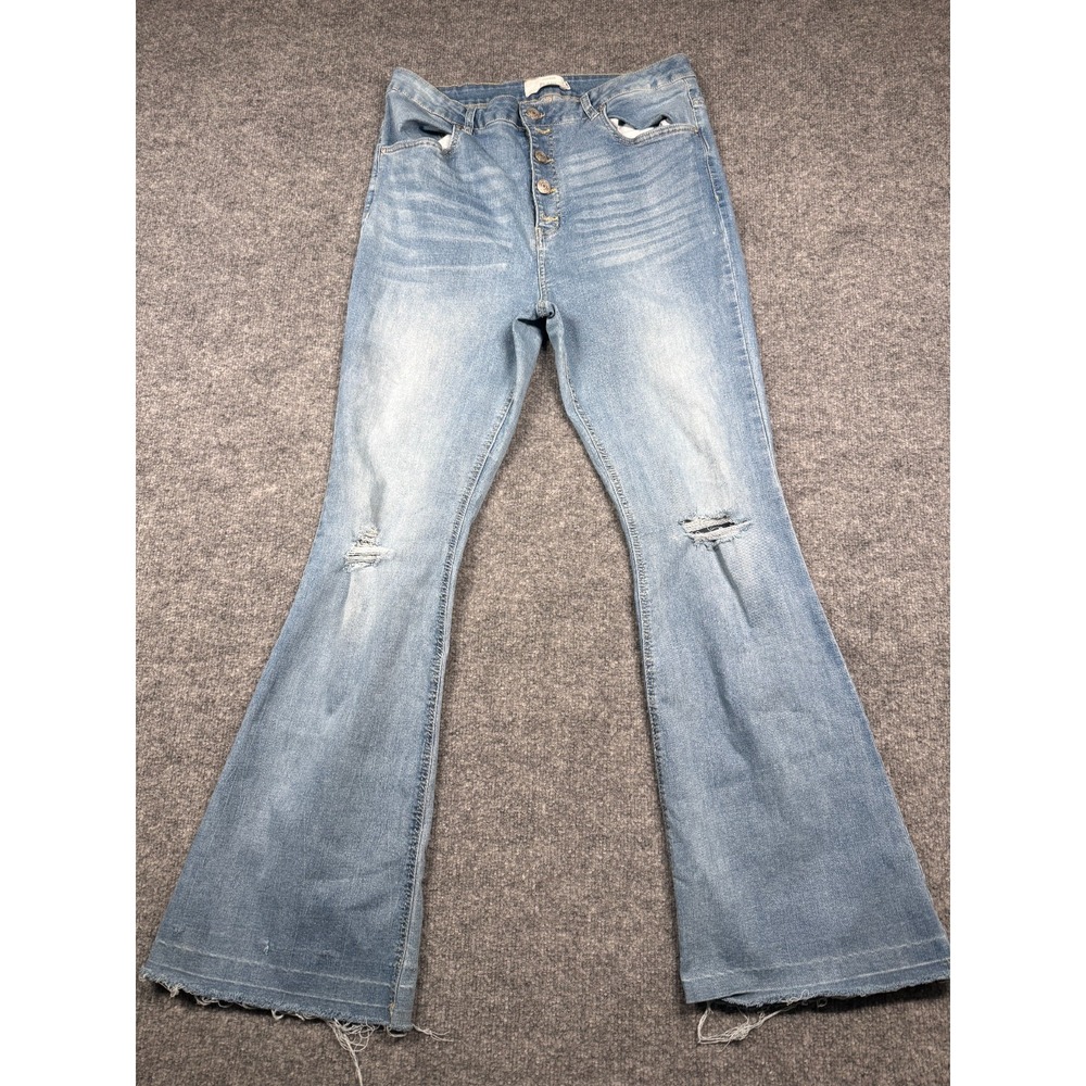 Refuge Flare Jeans Women's 13 Blue Denim Distressed High Rise Raw Hem Button Fly